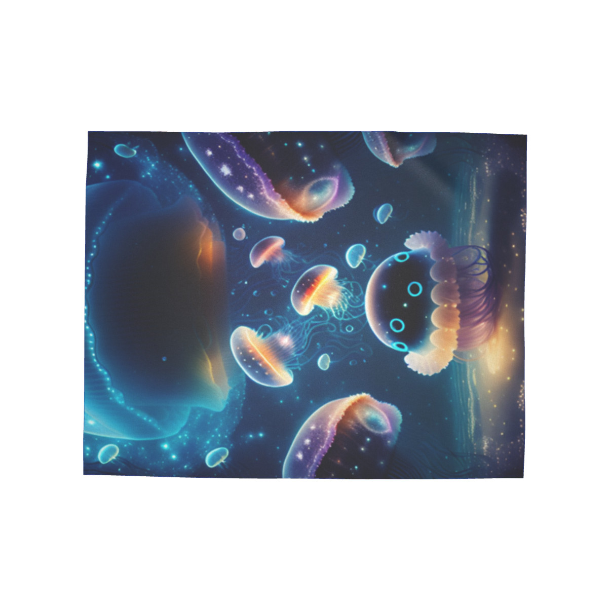 宇宙のような深海で泳ぐ幻想的でゆめかわいいきらびやかなネオン色に光るクラゲ スカーフ