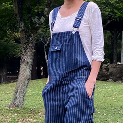 FedEx ネイビー オーバーオール 反射ストライプ付き 男女兼用・上級岡山産ストライプデニムオーバーオール/上質な生地を