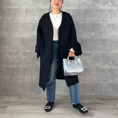 ブラック ノーカラー コート 卒業＆入学式 ジャケット代わりに♡もっちり着やせノーカラー