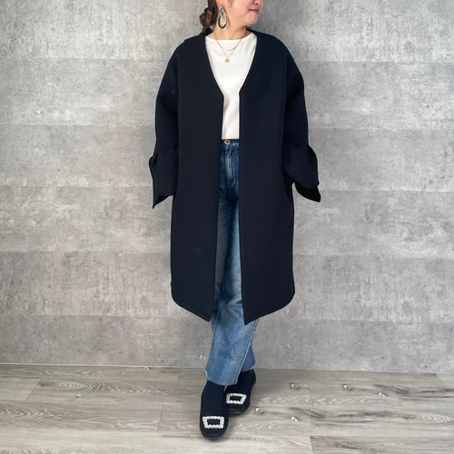 卒業＆入学式 ジャケット代わりに♡もっちり着やせノーカラーコート 黒