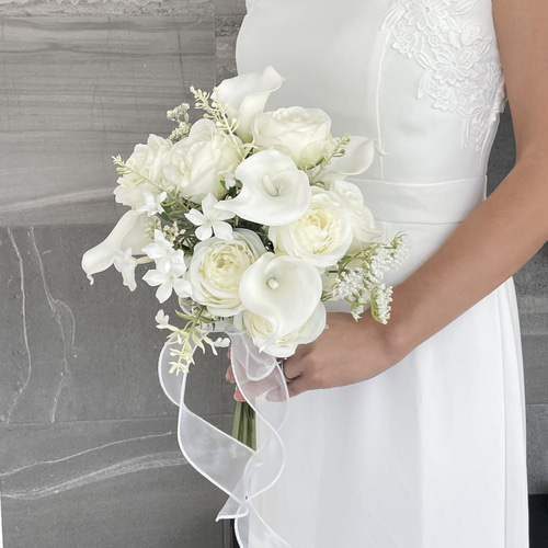 ウェディングブーケ アーティフィシャルフラワーブーケ ブートニア付き ホワイト ウエディングブーケ（ホワイトローズA）ブートニア込み ブーケ