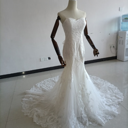 豪華！米白色洋裝 2ways 婚紗露肩可拆式罩裙美人魚線 第3張的照片