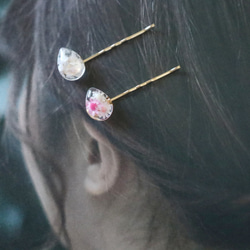 《2本セット》お花+ローズクォーツのしずくヘアピン｡*･ﾟﾟmarry.c's handmadeaccessory 2枚目の画像