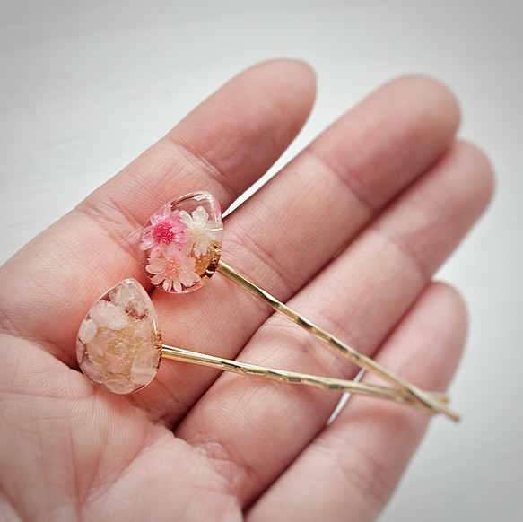 《2本セット》お花+ローズクォーツのしずくヘアピン｡*･ﾟﾟmarry.c's handmadeaccessory 7枚目の画像