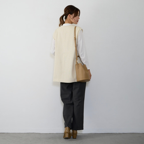 ふんわり軽いVツイードライクベスト】オフホワイト 裏地付き フリンジ