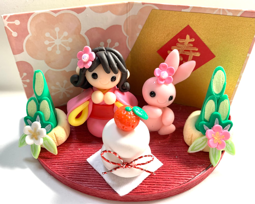 ☆お正月の女の子とうさぎちゃん (受注生産) 樹脂粘土 No.995