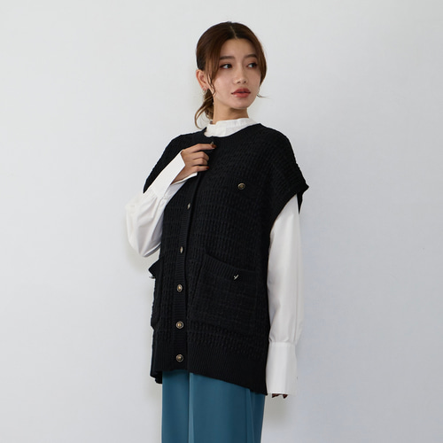 美品♪ロペ M コットンシルク ニットツイードベスト 金ボタン ネイビー 濃紺 ROPÉ(ロペ) / カラーミックスニットツイードジレ (トップス