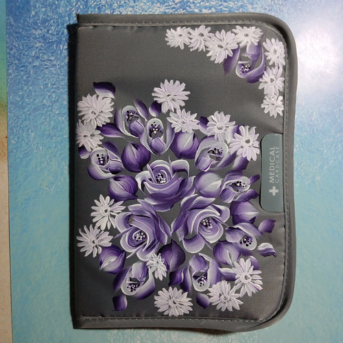 お薬手帳ケース トールペイント 手書き ハンドメイド 紫色の薔薇 
