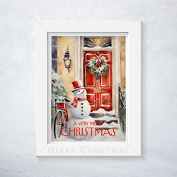 雪化粧した玄関先で微笑む雪だるまとクリスマスリース飾り赤いドアデザインのクリスマスポスター 1枚目の画像
