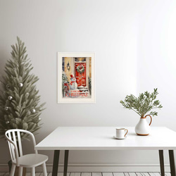 雪化粧した玄関先で微笑む雪だるまとクリスマスリース飾り赤いドアデザインのクリスマスポスター 2枚目の画像