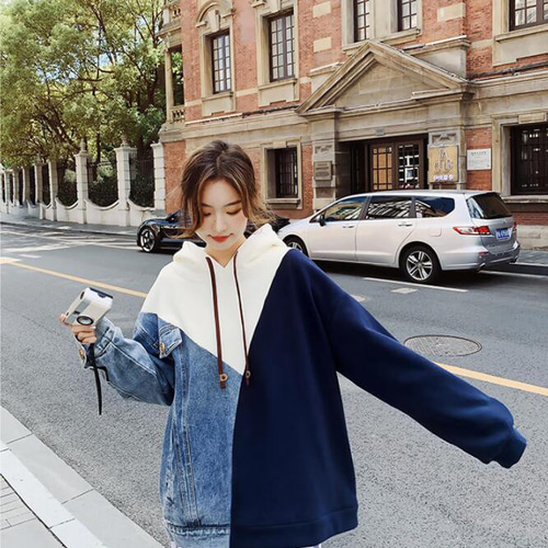 トップス レディース おしゃれ ゆったり きれいめ デニム トレーナー パーカー切り替え バイカラー デニムジャケット 長袖 可愛い 1069 デニムのぶつかり色ジョイントキャップ長袖パーカーレディース秋