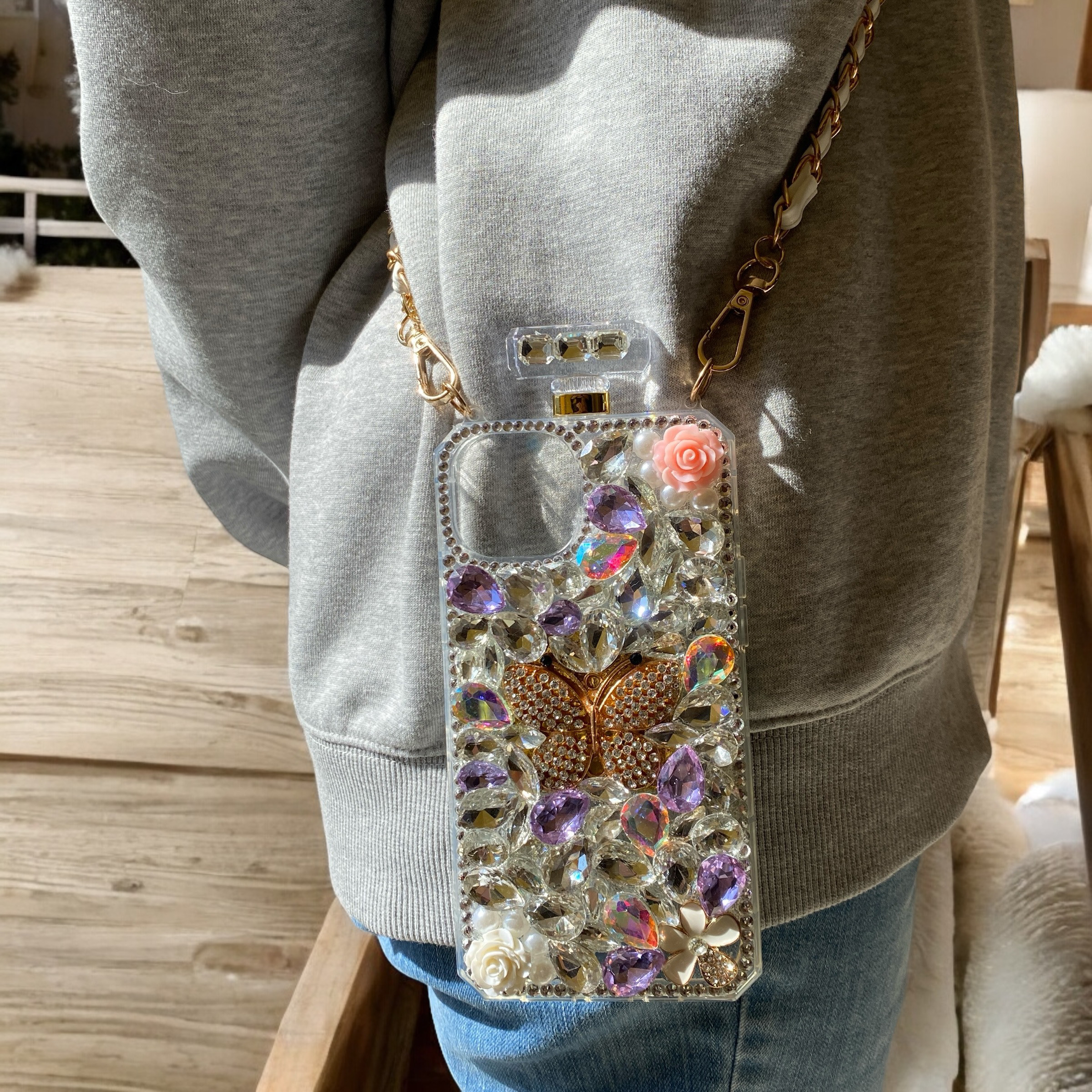 スマホショルダー 蝶 ラインストーン ダイヤモンド iPhone全機種対応 Samsung ケース クリア スマホケース