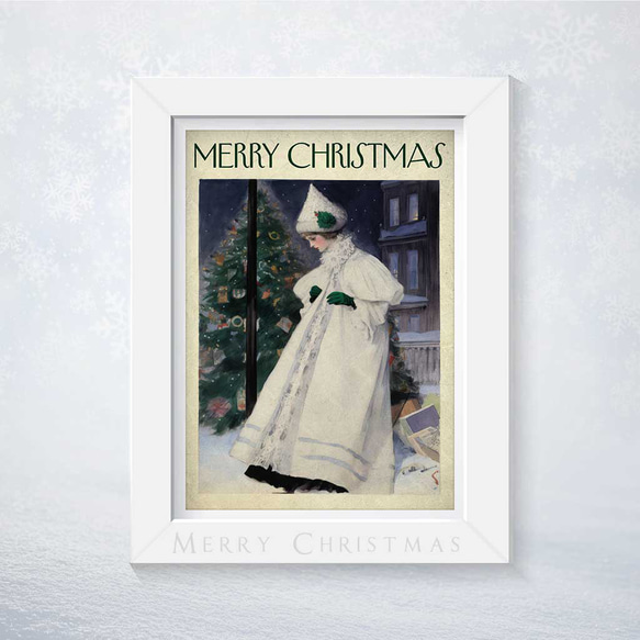 雪夜のメリークリスマス：ヴィンテージエレガンスな白い衣装の女性とイルミネーションが灯るクリスマスツリー 1枚目の画像