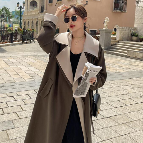 ロング丈トレンチコート春と秋の新作厚手コート爆発フレンチ  