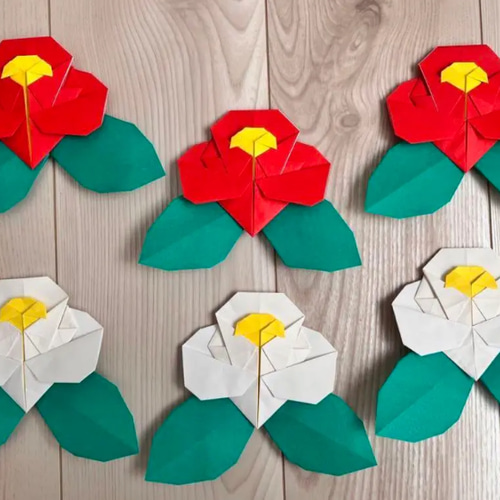 壁面飾り 冬 春 椿 花 手作り折り紙 ハンドメイド 保育 デイ