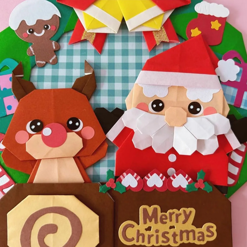 折り紙 ハンドメイド クリスマス リース 壁面飾り サンタクロース 