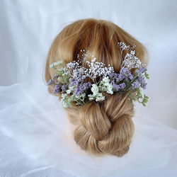 ホワイト　パープル　ヘッドドレス　結婚式　ブライダルアクセサリー　ウエディングアクセサリー　造花　前撮り　カラードレス 1枚目の画像