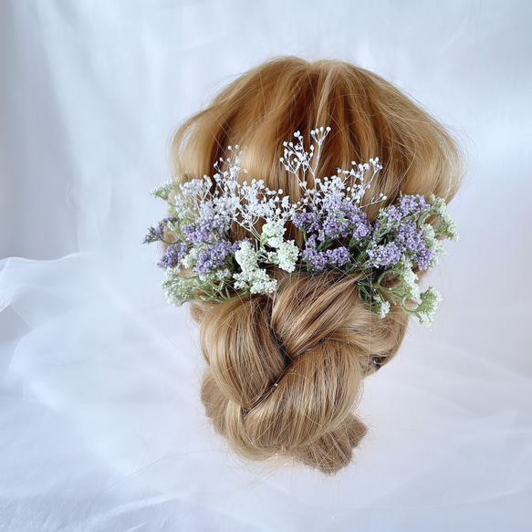 ホワイト　パープル　ヘッドドレス　結婚式　ブライダルアクセサリー　ウエディングアクセサリー　造花　前撮り　カラードレス 2枚目の画像