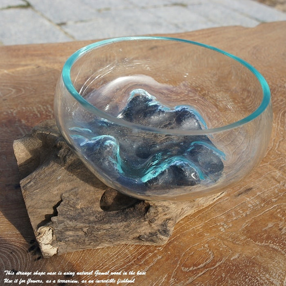 吹きガラスと天然木のオブジェB15 金魚鉢 メダカ 水槽 アクアリウム テラリウム コケリウム 花瓶 流木ガラス ブルー 4枚目の画像