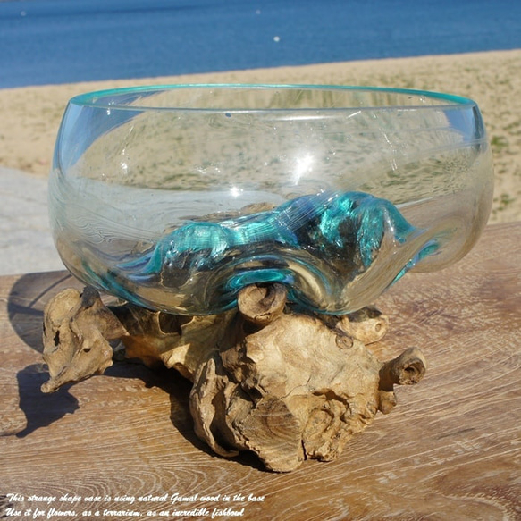 吹きガラスと天然木のオブジェB18 金魚鉢 メダカ 水槽 アクアリウム テラリウム コケリウム 花瓶 流木ガラス ブルー 3枚目の画像