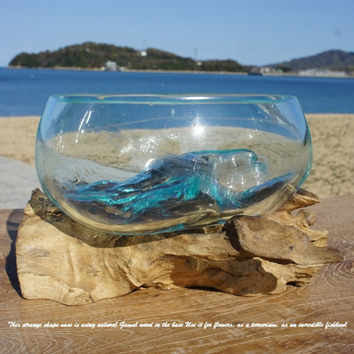 吹きガラスと天然木のオブジェB18 金魚鉢 メダカ 水槽