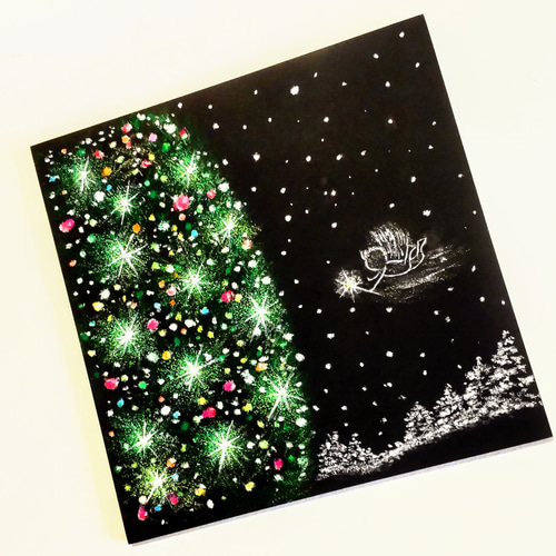 クリスマスツリー 静かな夜 天使の光【原画】オイルパステルアート