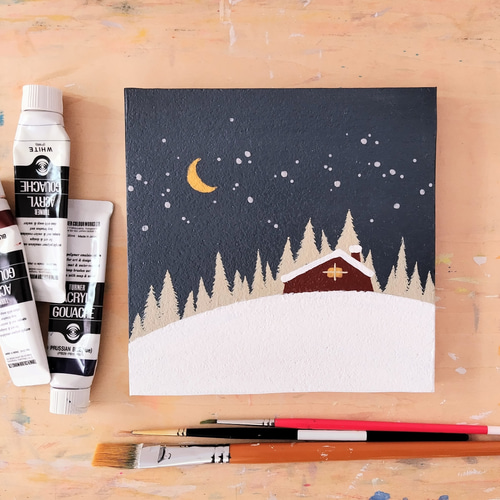 『雪の夜』 アクリル画、手描き、原画、1点物。 雪の夜】アクリル画手描き原画