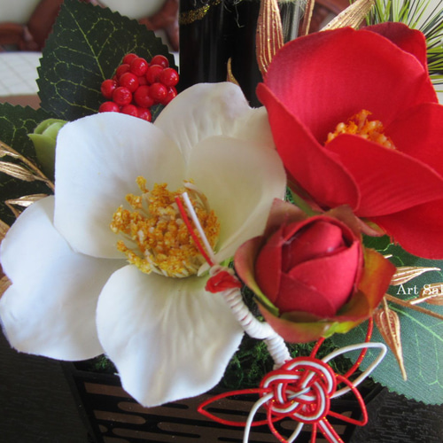 お正月ハンドメイド2026】お正月飾り 紅白椿の門松アレンジ しめ縄