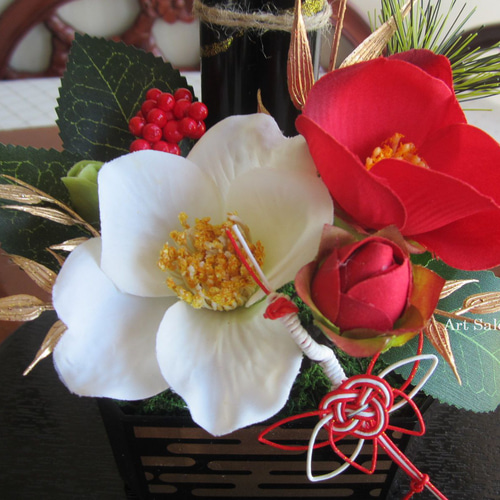 お正月ハンドメイド2026】お正月飾り 紅白椿の門松アレンジ しめ縄