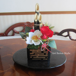 造花　お正月飾り　椿　葉牡丹　松　アレンジ お正月ハンドメイド2026】お正月飾り 紅白椿の門松アレンジ しめ縄
