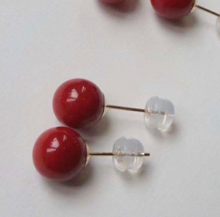 天然　珊瑚　丸玉　ピアス　k18 No7689