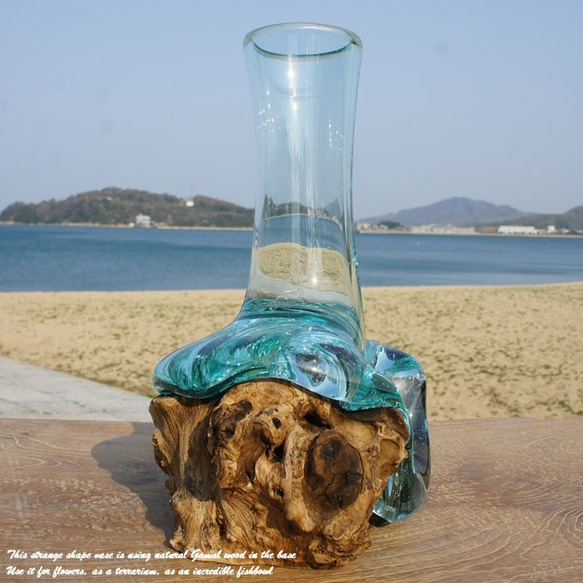 吹きガラスと天然木のオブジェV25 一輪挿し 花瓶 フラワーポット バリ島 アジアン雑貨 流木ガラス ブルー 6枚目の画像