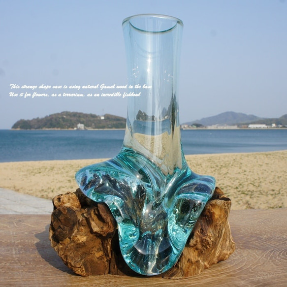 吹きガラスと天然木のオブジェV25 一輪挿し 花瓶 フラワーポット バリ島 アジアン雑貨 流木ガラス ブルー 13枚目の画像