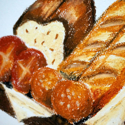 オイルパステル　原画「やきたてパン」　アート　ハンドメイド　手描き　イラスト　インテリア 2枚目の画像