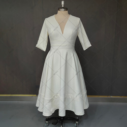 カラードレス シンプル  袖付き Vネック ウェディングドレス ワンピース 741 4枚目の画像