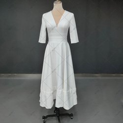 カラードレス シンプル  袖付き Vネック ウェディングドレス ワンピース 741 2枚目の画像
