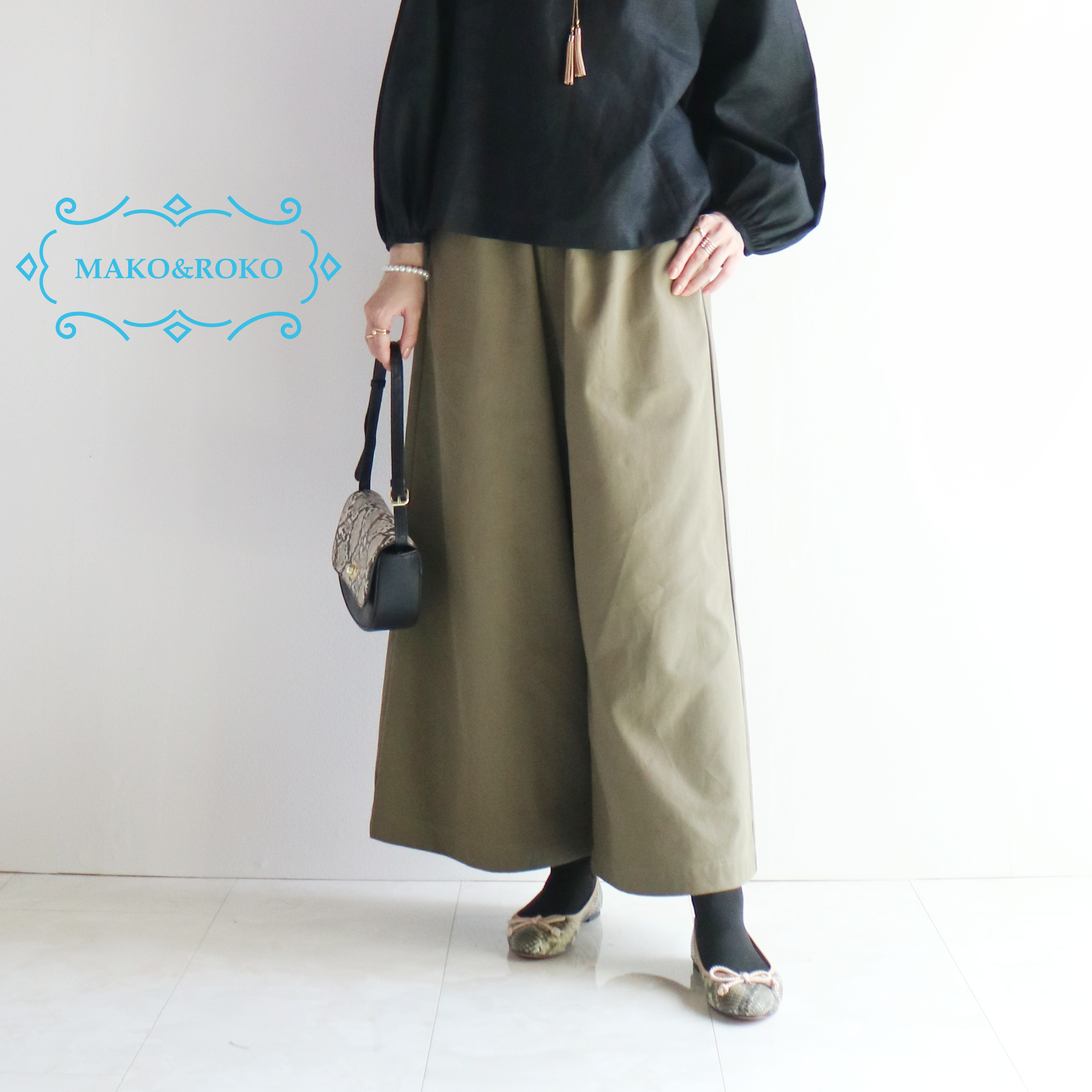 【カーキ】サンドウォッシュソフトコットン100％ウエスト総ゴム入りワイドパンツ☆