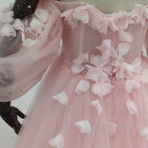 美品！ピンク 憧れのドレス ソフトチュール ベアトップ 小花 オフ  