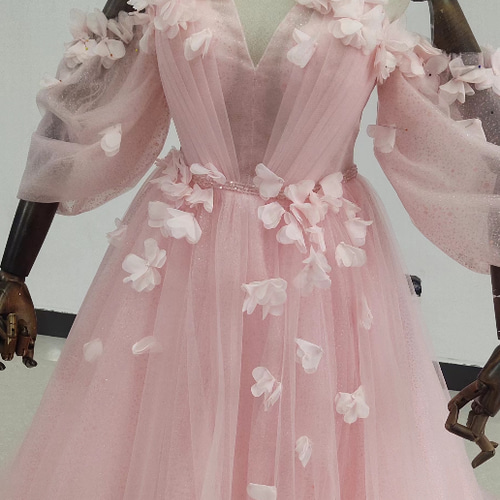 美品！ピンク 憧れのドレス ソフトチュール ベアトップ 小花 オフ  