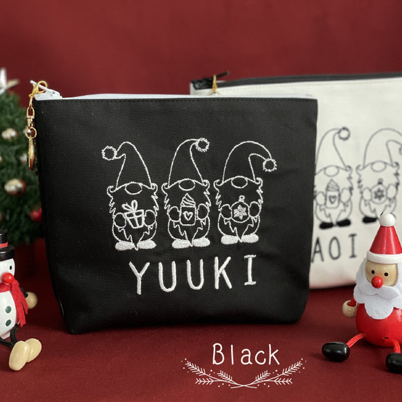 【ポーチ】【名入れ】 刺繍 クリスマス 白 黒 サンタクロース プレゼント ギフト 名前 オーダーメイドsanta01 5枚目の画像