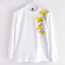 手描き舞紅葉柄袖リブロングTシャツ Lサイズ ホワイト 長袖 秋冬 白 和柄 手書き舞紅葉柄袖リブロングTシャツ ホワイト 長袖 白 男女兼用 T