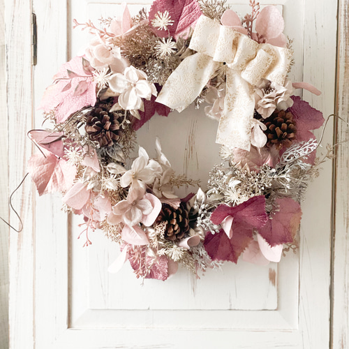 特大　クリスマスリース　大きい　♡ハート　シルバー　ピンクリボン付 クリスマスリース/シャンパンピンク/ドアリース/壁掛け/大人かわいい