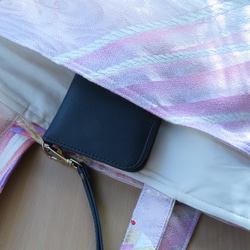 帯リメイク京帯ピンク　グラデーション流れる刺繡模様ミニトートバック 10枚目の画像