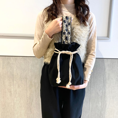 YONE インド刺繍ワンハンドルバッグ 巾着バッグ インド刺繍リボン 黒 