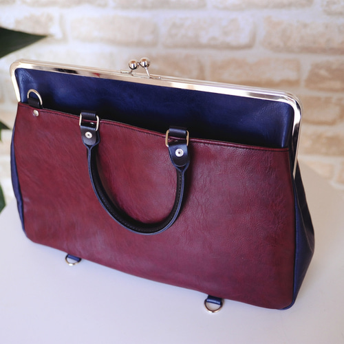 38cm口金使用☆本革持ち手☆ネイビー＆ワインレッド合皮☆ビジネス