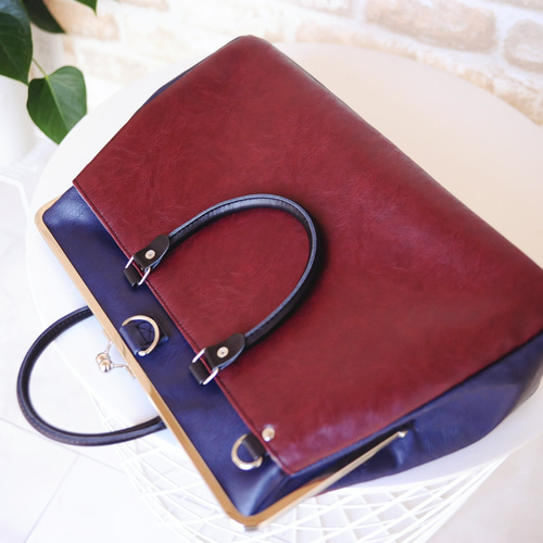 38cm口金使用☆本革持ち手☆ネイビー＆ワインレッド合皮☆ビジネス