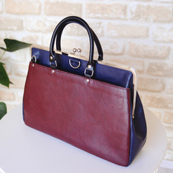 38cm口金使用☆本革持ち手☆ネイビー＆ワインレッド合皮☆ビジネス