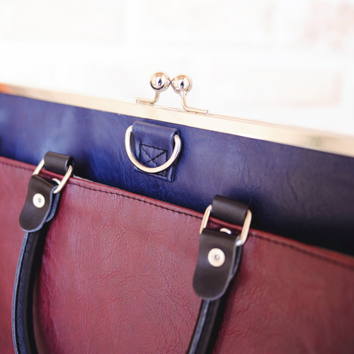 38cm口金使用☆本革持ち手☆ネイビー＆ワインレッド合皮☆ビジネス