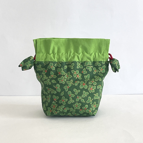 クリスマス好きに贈るミニ巾着 ひいらぎ チューリップ紐端処理 巾着袋