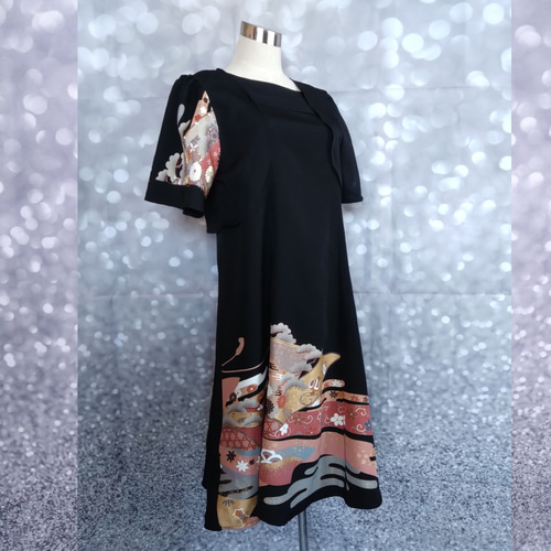 ワンピース ボレロ付き 着物リメイク ハンドメイド 黒留袖